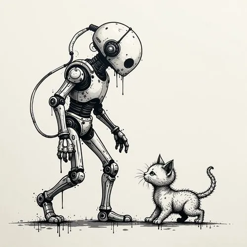 automata,automatons,boy and dog,human and animal,pet,robots,Illustration,Black and White,Black and White 04