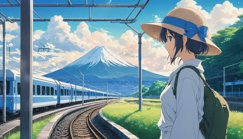 tsumugi kotobuki k-on,the girl at the station,train ride,studio ghibli,last train,train,summer hat,darjeeling,korail,travel poster,trains,train station,green train,tracks,ordinary sun hat,yamada's rice fields,long-distance train,mountain station,high sun hat,aomoriya,Illustration,Japanese style,Japanese Style 04