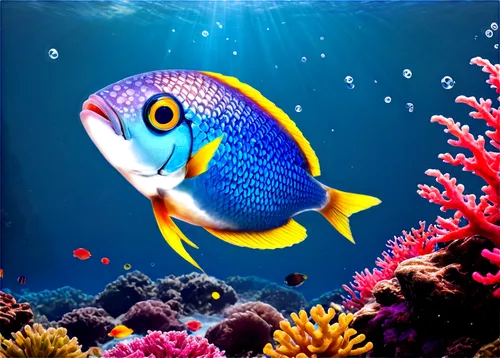 Colorful fish, swimming underwater, shiny scales, flowing fins, round eyes, mouth open, bubbles rising, coral reef background, ocean plants, sunlight filtering through water, 3/4 composition, shallow 