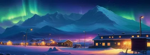 A digital painting long view of a village of 2,000 near the North Pole at night, with the very vivid lights of street lamps and houses illuminating the streets in a serene winter atmosphere, with a sn