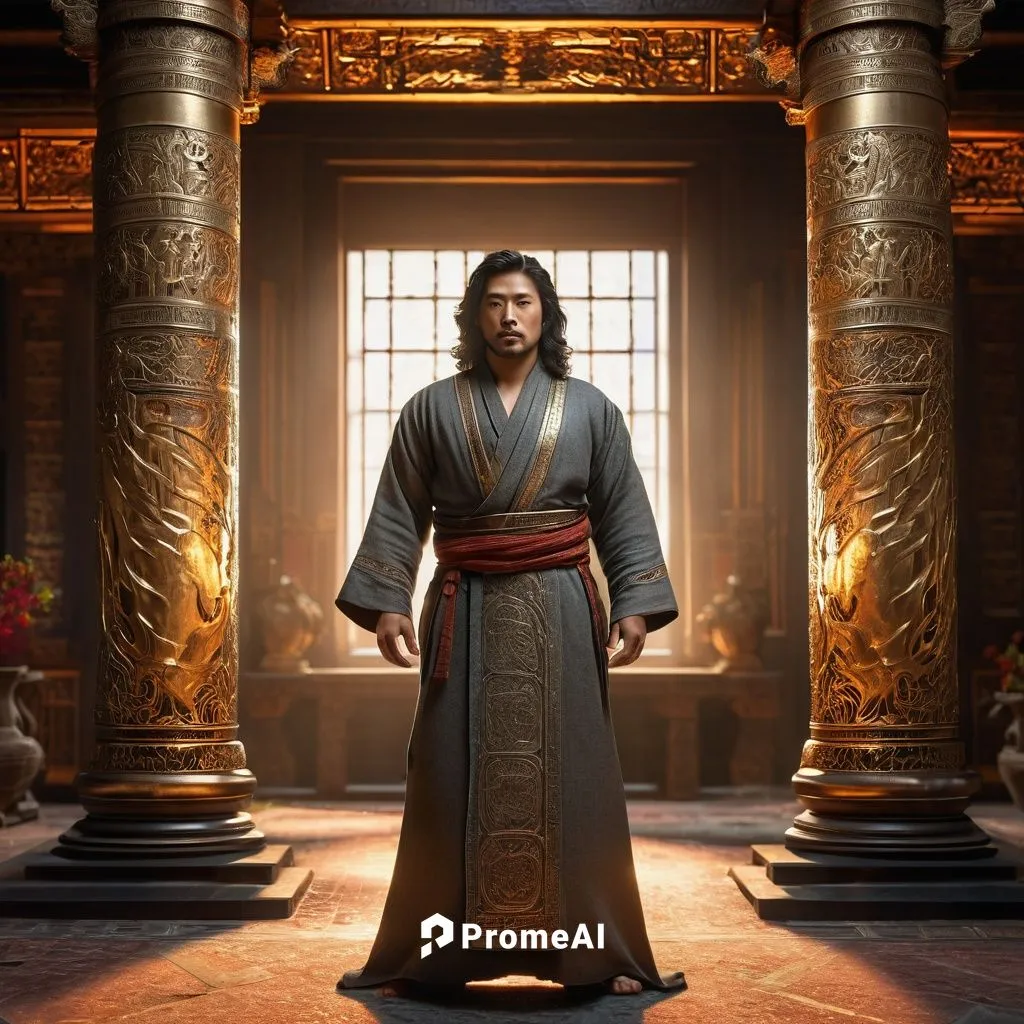 The grand hall of an ancient mansion sprawls before the viewer, its intricate walls and stone pillars ablaze with ethereal light. Inside the room, a young Asian man with long, flowing robes and a wavy