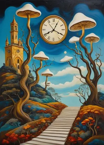 mushroom landscape,clocktower,clockwatchers,clockmaker,el salvador dali,temporal,clock tower,surrealist,mostovoy,clockmakers,temporao,clocks,chronometers,timewise,surrealism,timescape,woodring,flow of time,grandfather clock,clock face,Art,Artistic Painting,Artistic Painting 25