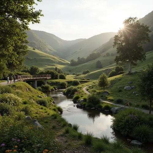 Serene natural scenery, rolling hills, lush greenery, meandering water features, rustic stone walls, wooden bridges, vibrant wildflowers, native trees, gentle breeze, warm sunlight, soft misty atmosph