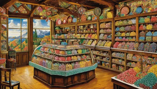 candy store,candy shop,soap shop,candies,watercolor shops,gift shop,confectionery,brandy shop,watercolor tea shop,french confectionery,toy store,general store,children's interior,village shop,candy jars,heart candies,sugar house,pâtisserie,pet shop,shopkeeper,Art,Classical Oil Painting,Classical Oil Painting 43