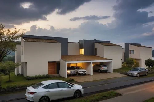 SET OF MODERN HOUSES WITH GRAY ROOF, BEIGE AND GRAY WALLS, MAINTAIN VOLUMES AND SHAPES OF THE IURNA VIEW IMAGE WITH A LOT OF QUALITY AND SHARPNESS,two cars are parked in front of a home,umhlanga,fresn