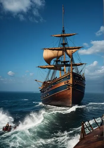  small ocean waves  far from land hitting bow of 1588 colonial ship,east indiaman,full-rigged ship,galleon ship,caravel,sea sailing ship,galleon,mayflower,ship replica,barquentine,sloop-of-war,three m