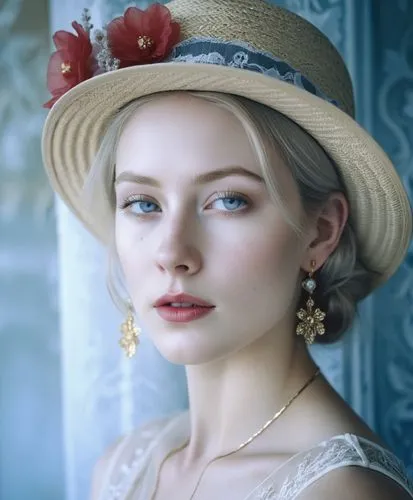 Close-up portrait of a young woman with striking features, displaying a thoughtful or introspective expression. Her face is highlighted by bright blue eyes, red lipstick, and delicate freckles dusting