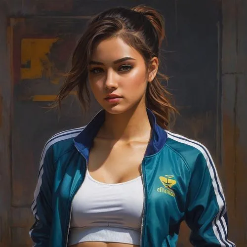 adidas,digital painting,girl portrait,puma,jacket,painting technique,portrait of a girl,oil on canvas,world digital painting,jean jacket,tracksuit,oil painting,oil painting on canvas,windbreaker,young woman,painting,sports girl,study,girl studying,portrait background,Conceptual Art,Fantasy,Fantasy 13