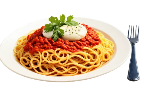 Delicious spaghetti dish, Italian cuisine, long curly noodles, savory tomato sauce, melted mozzarella cheese, sprinkled parsley, golden fork, white plate, rustic wooden table, warm lighting, shallow d