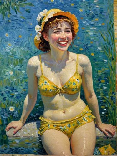 Bathing beauty, smiling. Let the motif appear as a French impressionist painting as if it had been painted by Vincent van Gogh.,the smiling woman is wearing a yellow bikini,yasumasa,domergue,lartigue,