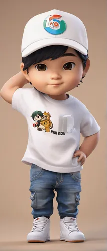 Un texto de fondo que diga en la gorra "Diego" , prendas Chibi, con camisa blanca que diga HD hombre posando con ropa varonil usando un un gorro , tipografía, renderizado 3d, poster, anime, illustrati