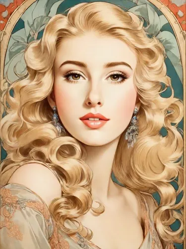 emile vernon,fantasy portrait,blonde woman,vintage girl,cinderella,elsa,vintage woman,art nouveau,fairy tale character,mucha,portrait background,romantic portrait,vintage angel,blonde girl,rapunzel,white lady,vintage female portrait,blond girl,art deco woman,young woman