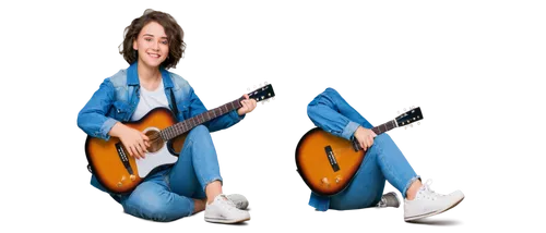 Young adult, free spirit, smiling face, short messy hair, casual wear, denim jacket, ripped jeans, sneakers, guitar in hand, sitting on floor, relaxed posture, warm lighting, soft focus, 3/4 compositi