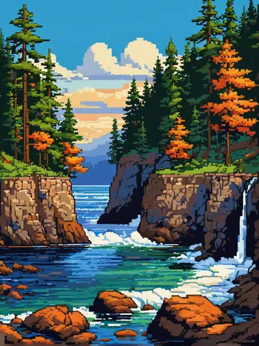 coastal landscape,pixel art,mountain beach,landscape background,beach landscape,lake superior,coastline,cliffs ocean,an island far away landscape,ilse falls,the coast,split rock,rocky coast,sea landscape,mountain and sea,coast line,coast,peninsula,river landscape,nature landscape,Unique,Pixel,Pixel 05