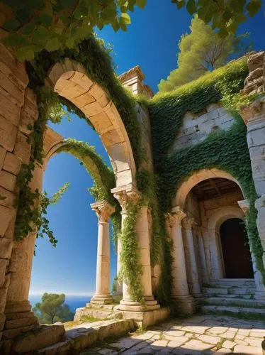 cryengine,castle ruins,ruins,labyrinthian,ruin,mausoleum ruins,herakleion,ancient house,rome 2,castlelike,battlement,ancient ruins,archways,greek temple,ancient buildings,provencal,ancient city,stone palace,the ruins of the palace,novigrad,Illustration,Realistic Fantasy,Realistic Fantasy 26