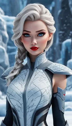 Realistic photo of a model with bold, dramatic makeup, smoky eyes, and red lips.,a cartoon style po of a beautiful woman in white,the snow queen,white rose snow queen,elsa,jaina,lilandra,ice queen,Uni