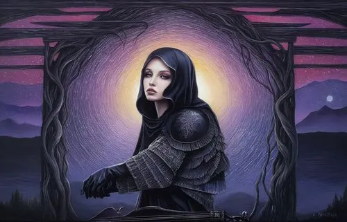 gothic portrait,orona,moonsorrow,goth woman,gothic woman,llorona,fantasy portrait,diamanda,la violetta,marceline,isoline,raven girl,elenore,dark art,dark portrait,mystical portrait of a girl,selene,bruja,drusilla,isolde,Illustration,Abstract Fantasy,Abstract Fantasy 14