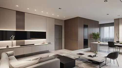 modern minimal design of living room with tv zone ,entrance flat zone,   italian luxury style , modern interior minimalism Italian design , smoky wood surfaces , light gray textiles, milky color , bei