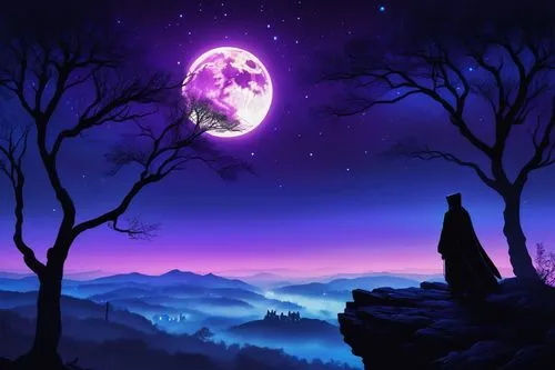 purple wallpaper,moon and star background,halloween background,owl background,purple landscape,dusk background,purple moon,cartoon video game background,halloween wallpaper,purple background,background screen,moonlit night,hanging moon,wall,landscape background,background with stones,bandana background,digital background,art background,screen background,Art,Artistic Painting,Artistic Painting 20