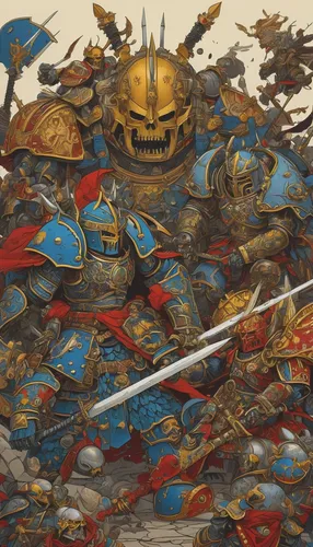 Write a thrilling battle scene between two Warhammer Titans.,heroic fantasy,battle,knight festival,the order of the fields,historical battle,destroy,shield infantry,the war,massively multiplayer onlin