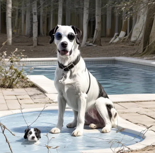 el perro lleva gafas, esta sentado junto a una piscina en un jardin de una casa.estilo dibujo animado,greater swiss mountain dog,welsh cardigan corgi,entlebucher mountain dog,parson russell terrier,tr