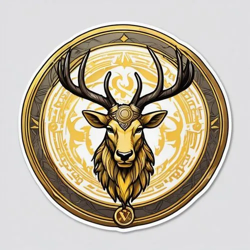 Fantasy emblem logo for wargame token depicting a strong, anthropomorphic (including the word "Morgam"), warrior-stag (yellow-toned token), illustration, vibrant ((circular token)) on a white backgrou