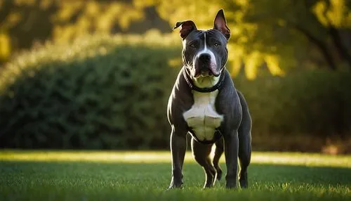 zebra patterned pitbull, muscular dog, strong jawline, brown eyes, floppy ears, short fur, black nose, standing, alert posture, outdoor environment, green grass, sunny day, dramatic lighting, shallow 