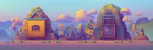 stilt houses,backgrounds,floating islands,hanging houses,wooden houses,basil's cathedral,mountain settlement,blocks of houses,chimneys,cartoon video game background,floating huts,mushroom island,fairy