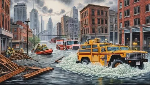 Flood disaster scene, catastrophic event, cityscape, skyscrapers, broken bridges, overflowing riverbanks, destroyed buildings, debris-filled streets, rescue boats, firefighters, emergency responders, 