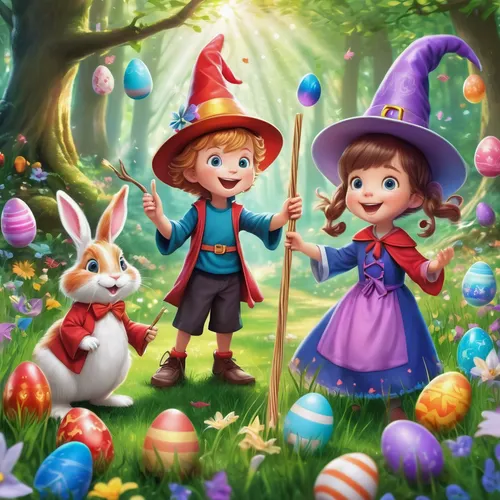 easter festival,easter theme,happy easter hunt,children's background,easter banner,happy children playing in the forest,scandia gnomes,fairies,fairy world,fairy forest,children's fairy tale,fairy village,fairytale characters,candy cauldron,easter background,easter celebration,little boy and girl,gnomes,magical adventure,alice in wonderland,Illustration,Realistic Fantasy,Realistic Fantasy 19