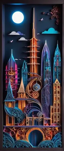 hundertwasser,fantasy city,arcology,futuristic landscape,metropolis,city cities,cybercity,cybertown,metropolises,citadels,homeworlds,spelljammer,futurist,zamyatin,city buildings,night scene,sci fiction illustration,art deco background,city skyline,cityscape,Unique,Paper Cuts,Paper Cuts 09