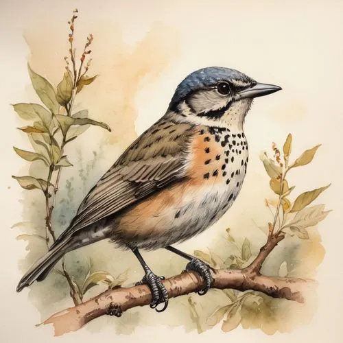 a vintage naturalist sketch in ink and watercolor with a white backdrop,thornbills,rufous,bushshrikes,indicatoridae,puffbird,aracama,fringilla coelebs,chestnut-backed chickadee,helmetshrikes,bird illu