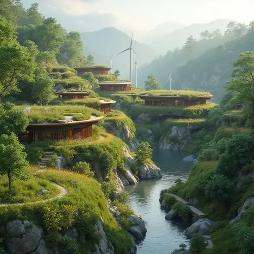 teahouses,asian architecture,tulou,futuristic landscape,wudang,floating huts,amanresorts,futuristic architecture,hushan,ecotopia,teahouse,qingming,treehouses,japan landscape,shangrila,shaoming,south korea,cube stilt houses,fallingwater,ecovillages,Photography,General,Realistic