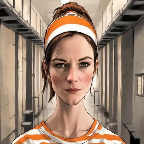 prisoner,prison,clementine,david bates,arbitrary confinement,female nurse,detention,cells,money heist,head woman,mime,criminal,orange robes,orange,lori,mary jane,psychologist,live escape game,captivity,mime artist,Digital Art,Comic