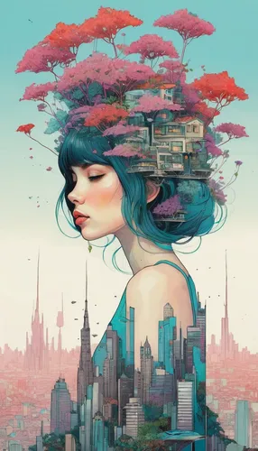 Describe a futuristic cityscape adorned with floating heuchera gardens.,sci fiction illustration,fantasy city,sky city,transistor,skyscraper,skycraper,sky rose,other world,bell jar,cityscape,cyberpunk