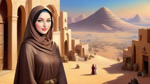 Romantic masterpiece oil painting, beautiful girl portrait, abaya dress, nostalgic 1950's style kitsch, breathtaking beautiful epic vast landscape, Tatooine, Mos Eisley Spaceport, majestic scenery, st