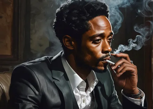 Keith Stanfield smoking a cigarette (or weed),black businessman,kendrick lamar,a black man on a suit,khalifa,smoke art,pipe smoking,smoking cigar,smoking man,smoker,digital painting,smoke background,s