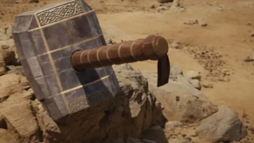 Mjolnir, Thor's hammer, crashed in the ground. The background is New Mexico desert. Realistic detailed.,trumpet of jericho,jarba,khnum,bandiagara,mobile sundial,arafa,senufo,numaniyah,dead sea scroll,