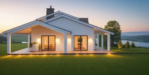 A minimalist Scandinavian-style house with a gable roof, featuring stone details on the facade, set in a quaint village surrounded by small hills and forest. The house has large windows with black fra