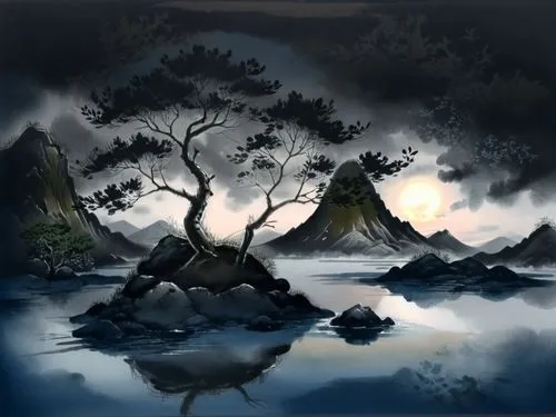 landscape background,black landscape,fantasy landscape,an island far away landscape,japanese art,world digital painting,Illustration,Paper based,Paper Based 30