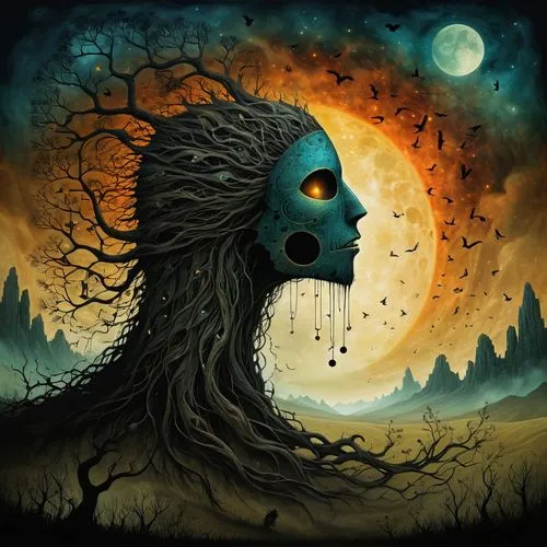 halloween illustration,halloween bare trees,dead earth,creepy tree,ghost forest,haunted forest,deforested,scarecrow,days of the dead,halloween vector character,dark art,dead wood,halloween poster,death's head,halloween and horror,shamanism,death's-head,shamanic,halloween background,dance of death,Illustration,Abstract Fantasy,Abstract Fantasy 19