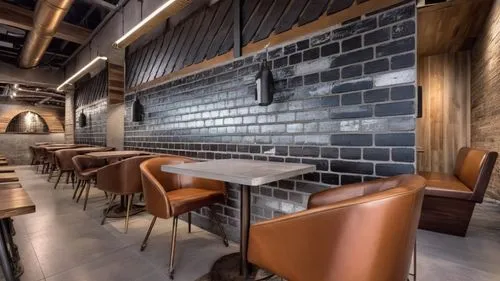 .,a brick wall that is inside a building,tile kitchen,banquette,taproom,chefs kitchen,brewpub,contemporary decor,Photography,General,Realistic