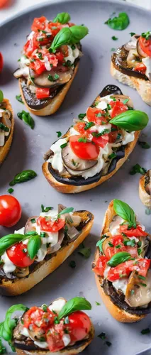 Bruschetta is a colorful and delicious appetizer for any gathering. For a lower-carb option, try this simple bruschetta stuffed in mushrooms instead of serving on the traditional baguette.,bruschetta,