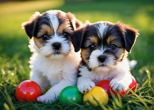 Adorable shih tzu Jack Russell mix puppies, playful, cuddling, sitting, lying down, standing, tiny paws, floppy ears, button nose, big round eyes, fluffy fur, curly tail, soft toys, colorful balls, gr