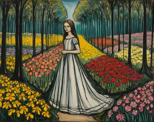 In a fairytale forest, a girl in a long dress stands amidst a canopy of vibrant flowers.,girl in the garden,girl in flowers,girl picking flowers,field of flowers,tulip field,flower garden,david bates,