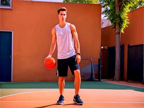 Young muscular man, basketball player, dynamic pose, athletic wear, sleeveless shirt, shorts, sneakers, basketball in hand, sweat on forehead, focused expression, intense gaze, strong jawline, messy s