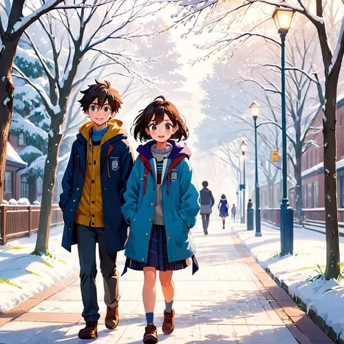 a girl and a boy student walks together towards campus,two children walking down a snowy street,kumiko,nodame,suzumiya,girl and boy outdoor,snow scene,boy and girl,Anime,Anime,Cartoon