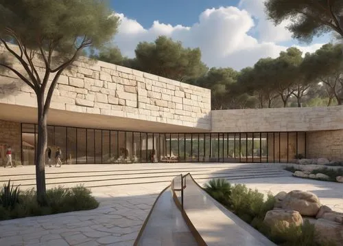 "Jerusalem Yad Vashem architecture, modern museum building, stone walls, glass roof, triangular structure, geometric shapes, memorial garden, walking path, trees with Hebrew inscriptions, Israel flag 