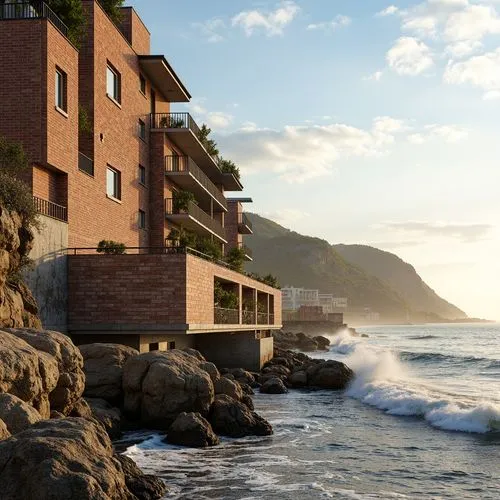 Rugged coastal scenery, crashing waves, salty air, weathered brick facades, sturdy stone foundations, robust mortar joints, textured brick patterns, earthy color palette, natural stone walls, reinforc