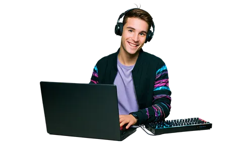 DJ, headphones, laptop, music studio, microphone, sound waves, colorful lights, trendy outfit, young adult, relaxed pose, finger on keyboard, smiling face, dim background, warm lighting, shallow depth